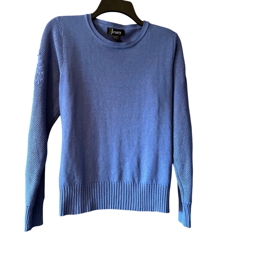 Jenny Blue Crew Neck Sweater Embellished Sleeve Mesh Detail Size S EUC